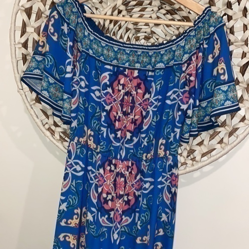 Flying Tomato blue geometric print off the shoulder maxi dress size small - Picture 3 of 7